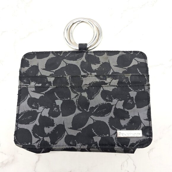 Pouchee Wallet Purse Womens Black Gray Leaf Print Organizer Ring Handle Pockets - Picture 1 of 8
